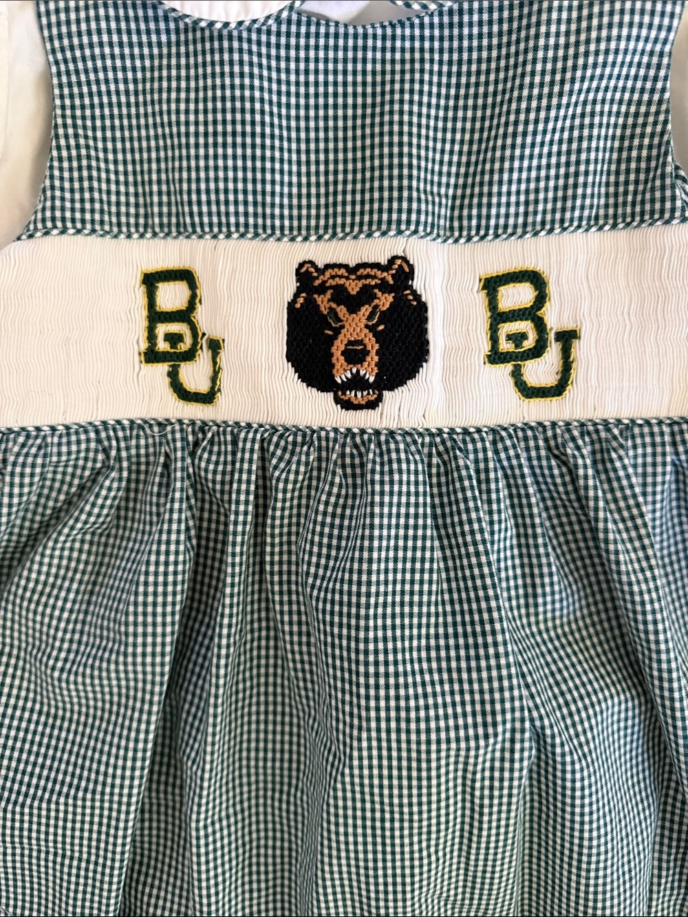 Vive La Fête Baylor Bears Smocked Gingham Dress 18M Green White Game Day Dress - Picture 3 of 4